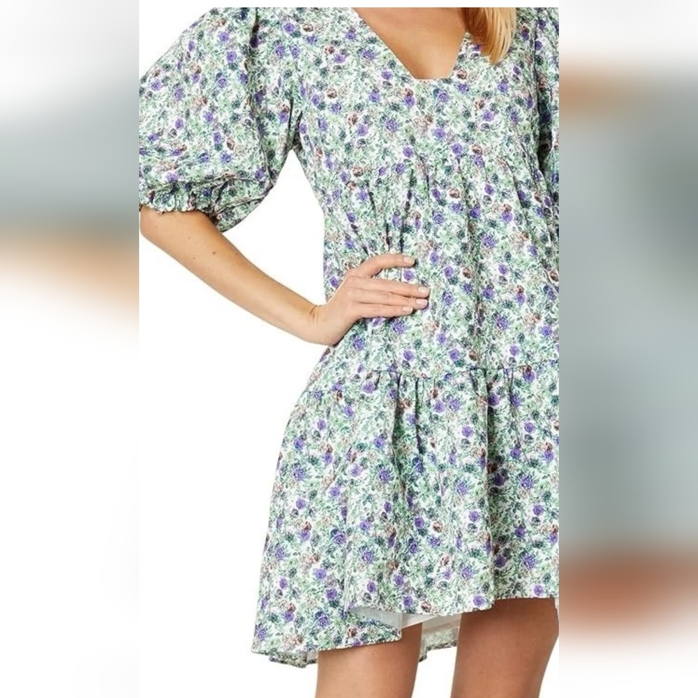 English Factory Dress With Green & Purple Floral Print With Puffy Sleeves Small